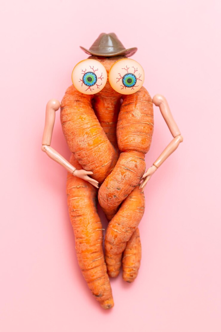 Foto cenoura torcida feia engraçada em um fundo rosa. cenouras com mãos, olhos e um chapéu. brinquedo vegetal.
