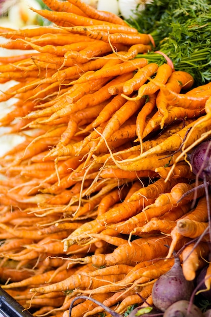 Cenouras de laranja orgânicas em uma exibição no mercado do fazendeiro local.