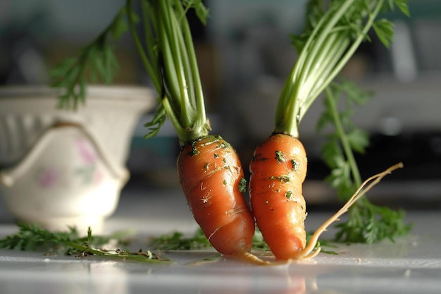 Foto cenouras frescas com folhas verdes e salsa em uma mesa de cozinha