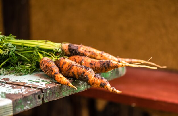 Cenouras frescas com um morcego em uma velha mesa de madeira