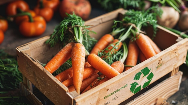 Foto cenouras frescas com um símbolo verde de reciclagem impresso na caixa representando ecológico e sustentável