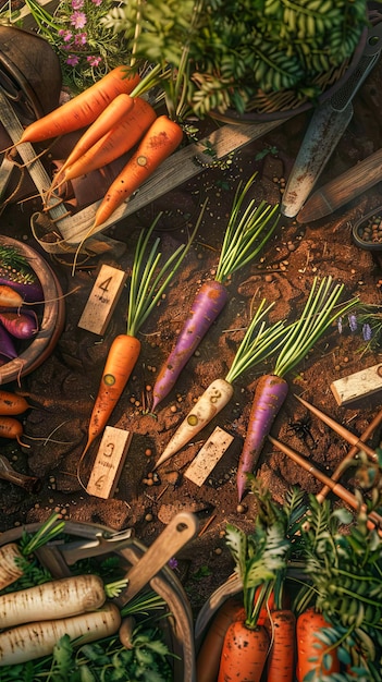 Cenouras frescas e ferramentas de jardim no solo