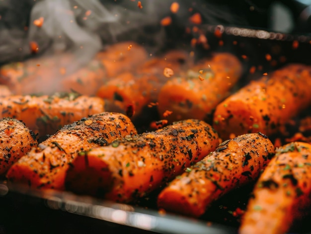 Cenouras frescas temperadas e queimando em uma panela quente cozinhando à perfeição