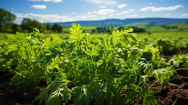 Cenouras verdes em campos de alta qualidade para necessidades nutricionais diárias