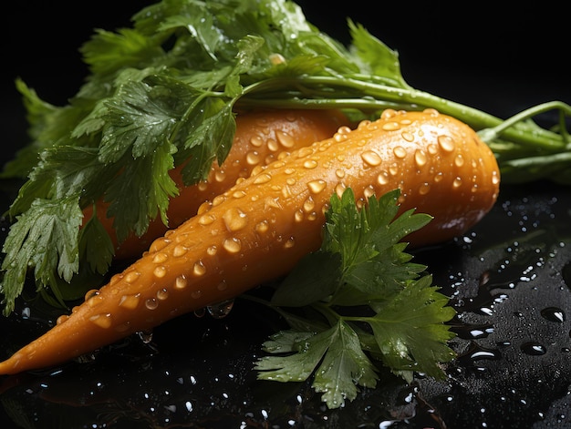 Cenouras vibrantes de harmonia com laranja e verde vivas em um fundo escuro IA generativa