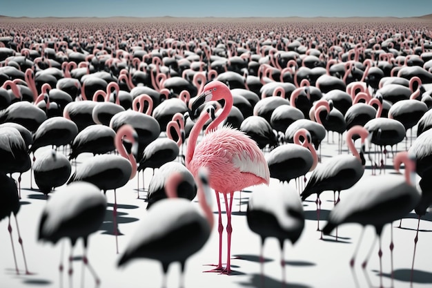 Centenas de flamingos cor-de-rosa em um lago de sal branco em uma paisagem desértica Generative AI