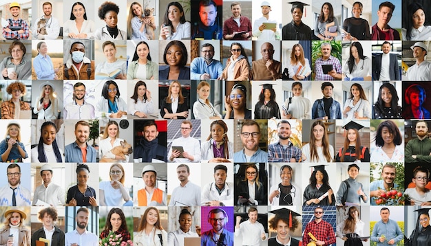 Centenas de pessoas multirraciais multidão retratos coleção de tiros na cabeça mosaico de colagem Muitos muitos rostos sorridentes masculinos e femininos multiculturais diferentes olhando para a câmera Diversidade e conceito de sociedade