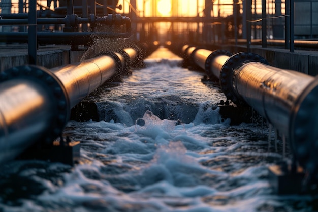 En una central eléctrica de petróleo y gas, el agua brota por la noche de tuberías averiadas