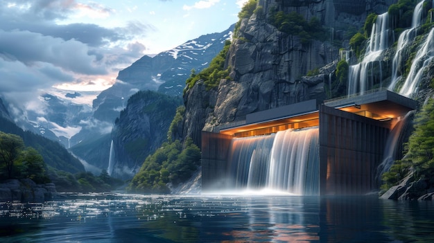 Una central hidroeléctrica futurista con un espectacular telón de fondo montañoso