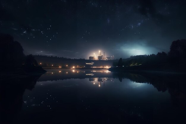 Central nuclear en la costa de la foto de la noche del lago