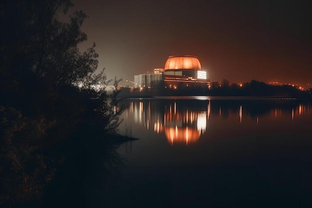 Central nuclear en la costa de la foto de la noche del lago