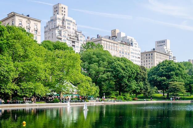 Central Park en un día soleado y un hermoso contraste con los rascacielos y edificios de Manhattan, Nueva York, EE.UU.