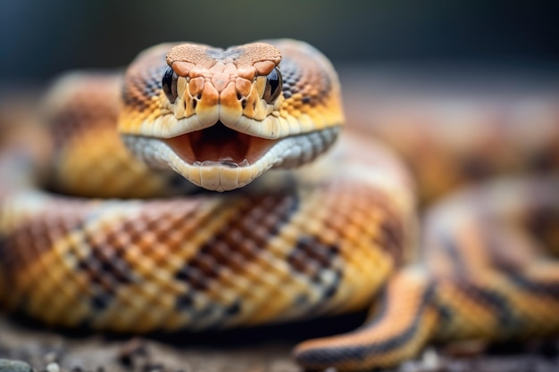 Centrarse de cerca en una lengua bifurcada de serpiente de cascabel