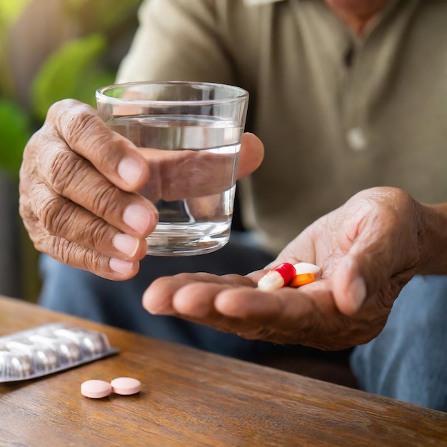 Centrarse en las manos de cerca Hombre de edad avanzada manos tomando la píldora de la medicina con un vaso de agua