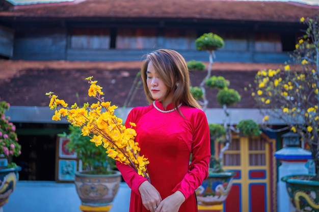 Centrarse en una niña vestida de rojo Ao Dai y sosteniendo la flor Ochna integerrima año nuevo lunar vietnamita Las niñas visten la tradición de Vietnam ao dai en las vacaciones de Tet