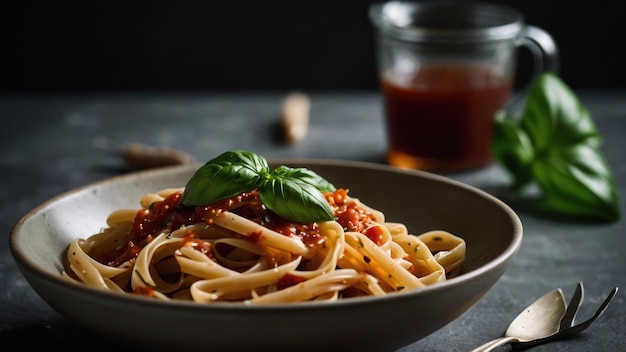 Centrarse en la simplicidad de un plato de pasta con salsa minimalista llovizna y hojas de albahaca fresca