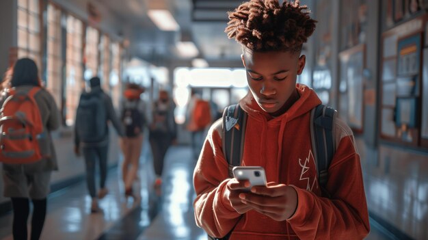 Foto se centró en un adolescente negro enviando mensajes de texto a través de los pasillos de la escuela