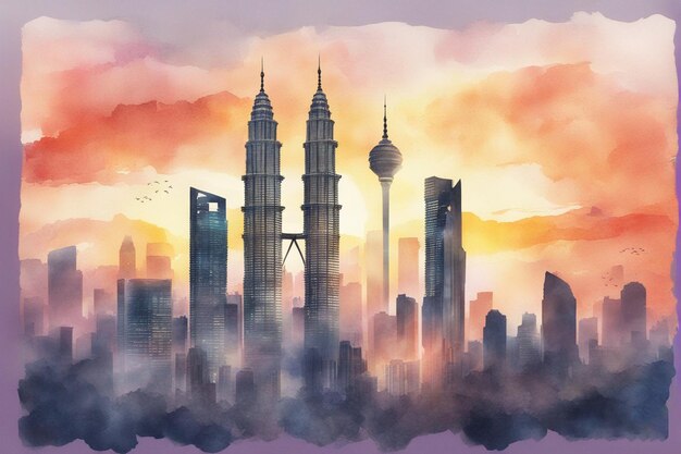 Centro de la ciudad de kuala lumpur KLCC en pintura de acuarela