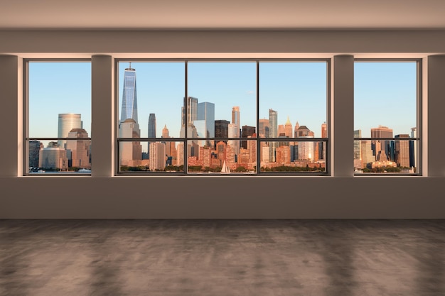 Centro de la ciudad de Nueva York Bajo Manhattan Skyline Edificios Piso alto Ventana Hermoso Caro Real Estate Habitación vacía Interior Rascacielos Vista Paisaje urbano Distrito financiero Noche Representación 3d