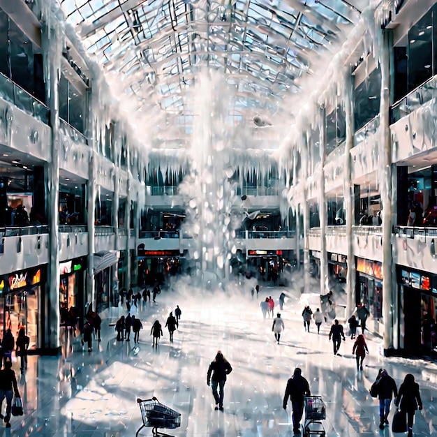 Foto centro comercial congelado y cubierto de hielo, lo que indica una recesión minorista, congelado en frío y cubierto con hielo.