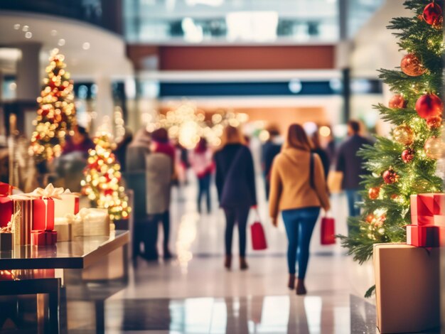 Centro comercial decorado para la época navideña multitud de personas en busca de regalos y preparándose para t