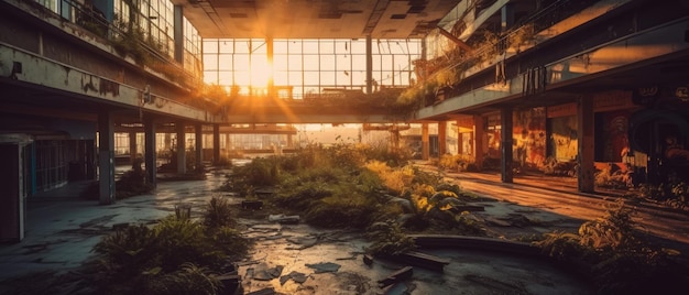 centro comercial tirar niebla post apocalipsis paisaje abandonado panorama ultrawide arte destrucción vacío