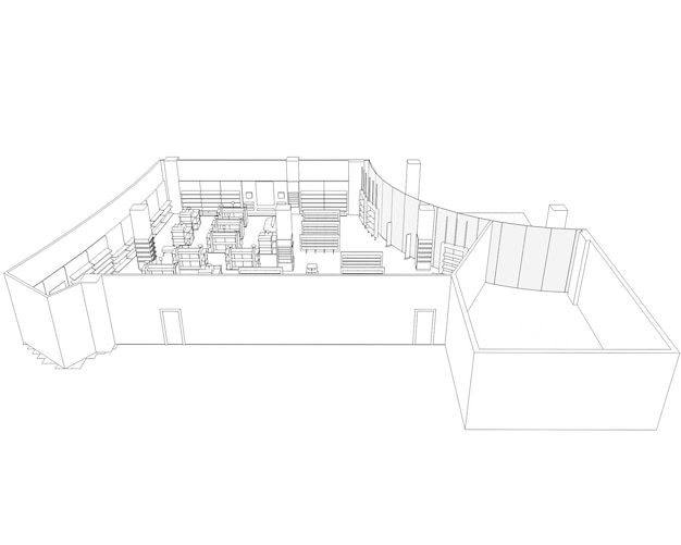 centro comercial visualización de contorno ilustración 3D boceto esquema