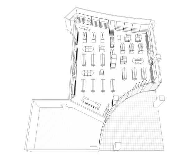 centro comercial visualización de contorno ilustración 3D boceto esquema