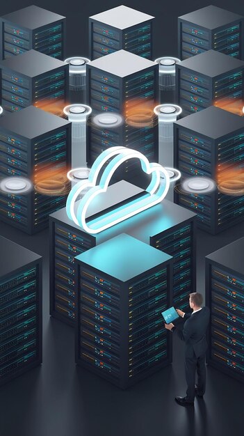 Centro de computación en la nube y carga de bases de datos que alberga el concepto de ilustración 3D