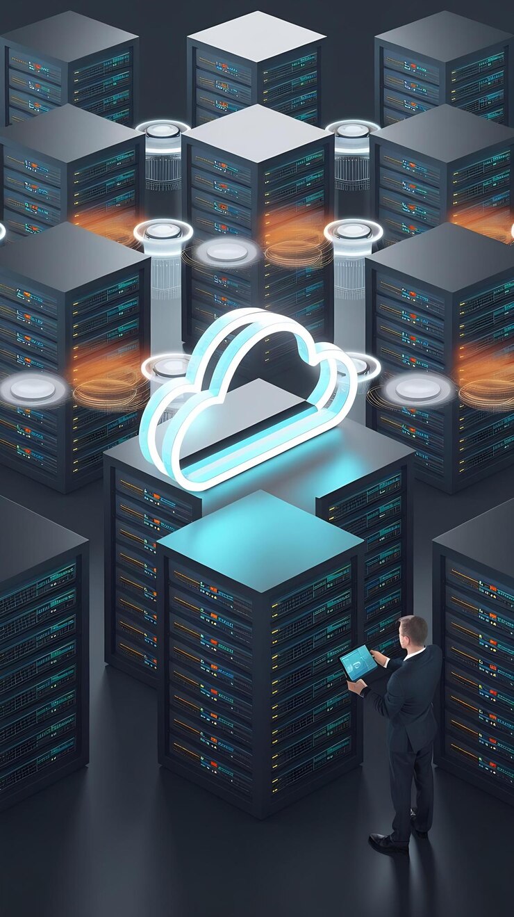 Foto centro de computación en la nube y carga de bases de datos que alberga el concepto de ilustración 3d