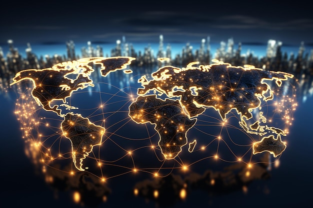 Centro de comunicación digital Mapa mundial con líneas brillantes de conectividad global