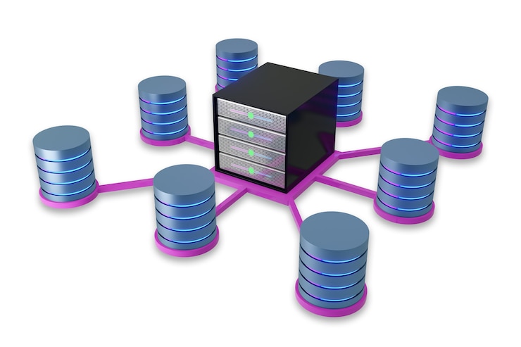 Foto centro de contenedor de rack de servidor de alojamiento de diseño con icono de base de datos de luz de cilindro de color rosa azul brillante. imagen de ilustración 3d.