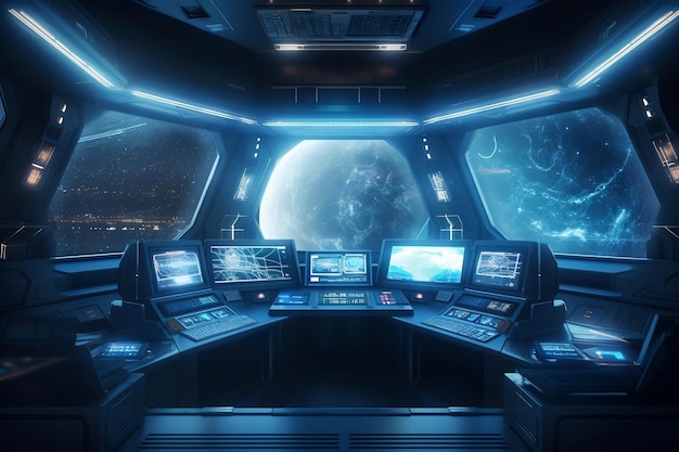 Centro de control de nave espacial futurista y ventana que da al espacio exterior generativo ai