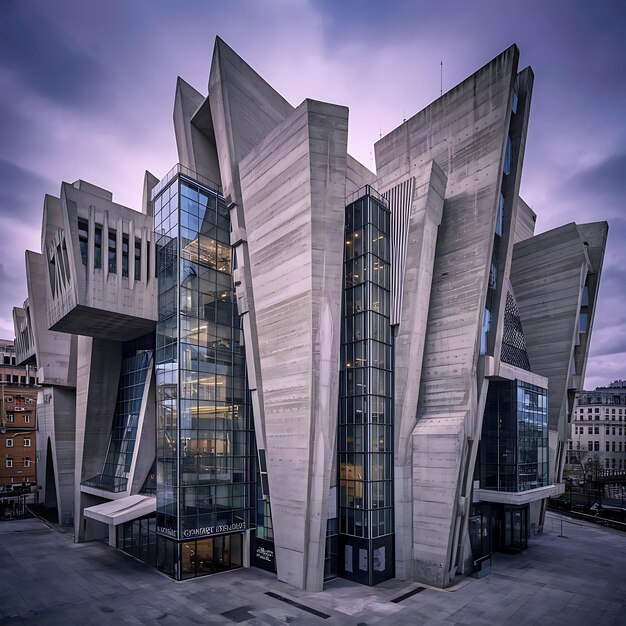 Un centro cultural neobrutalista con grandes formas abstractas y una mezcla de vidrio de hormigón y metal m