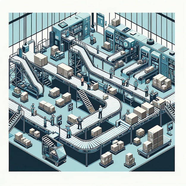 Centro de Cumplimiento Dinámica Trabajadores Empaquetando Cintas Transportadoras en Ilustración Plana