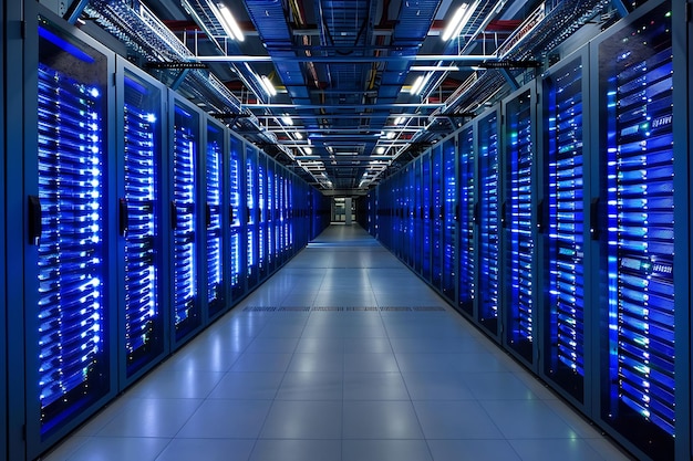 centro de datos avanzado con filas de grandes gabinetes de servidores iluminados en el estilo de coloridos LED li