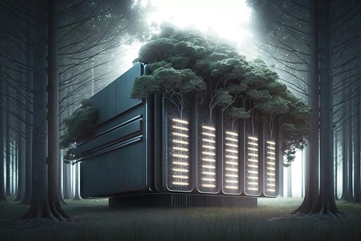 Foto centro de datos de biblioteca futurista para el almacenamiento de información electrónica entre árboles ai generativa