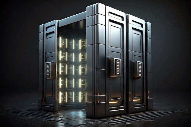 Centro de datos de biblioteca futurista de metal negro brillante y puertas de acceso rectangulares ai generativo