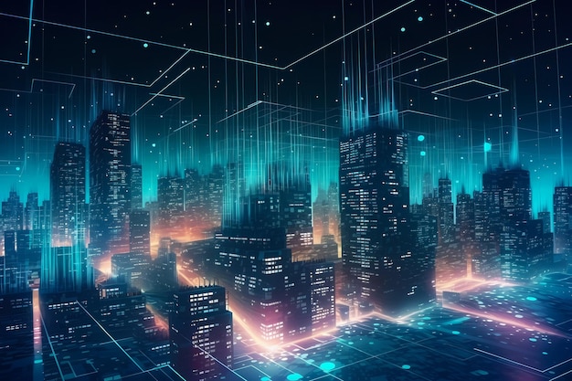 Centro de datos cibernéticos futurista de Metaverse City con tecnología de última generación