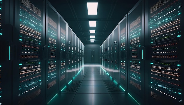 Centro de datos con filas de servidores Gran sala de almacenamiento de datos con muchas luces parpadeantes IA generativa