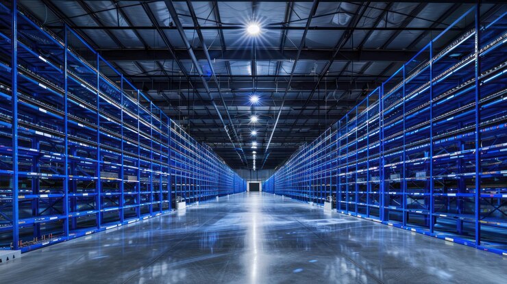 Centro de datos futurista con filas de racks de servidores iluminados por luces LED