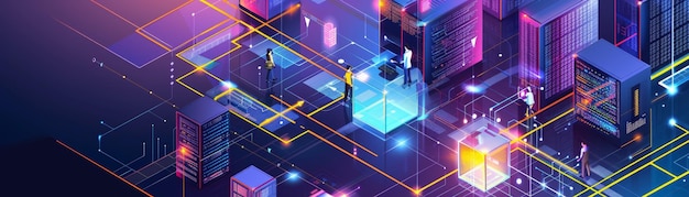 Centro de datos futurista con luces de neón que ilustran los servidores de conexión y la infraestructura de red