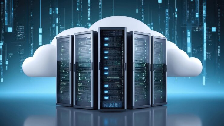 Foto centro de datos futurista con un símbolo de nube prominente que representa el almacenamiento en la nube