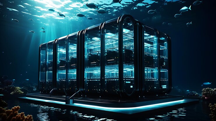 Un centro de datos futurista situado en una plataforma flotante en medio de un océano tranquilo.