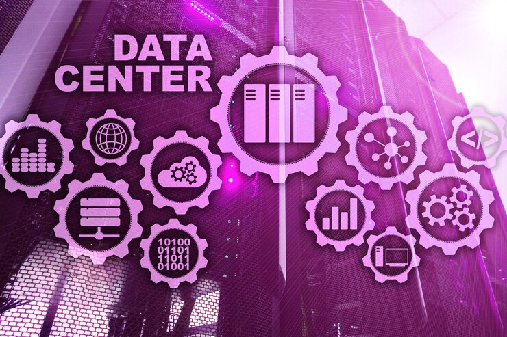 Foto centro de datos del futuro en una pantalla virtual concepto de tecnología de la información empresarial almacenamiento de datos y seguridad de la continuidad del negocio