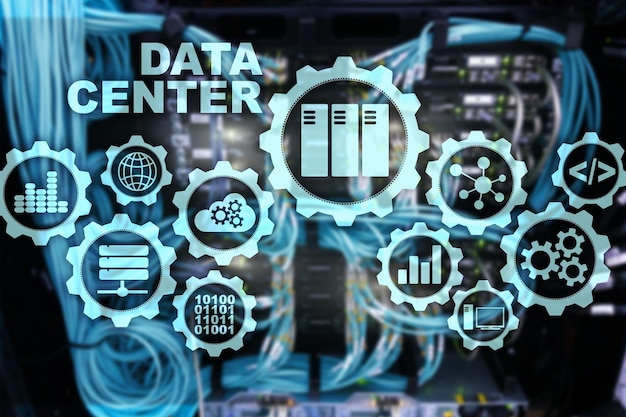 Centro de datos del futuro en una pantalla virtual Concepto de tecnología de la información empresarial Almacenamiento de datos y seguridad de la continuidad del negocio