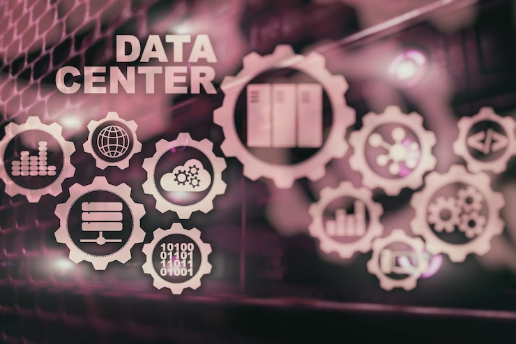 Foto centro de datos del futuro en una pantalla virtual concepto de tecnología de la información empresarial almacenamiento de datos y seguridad de la continuidad del negocio