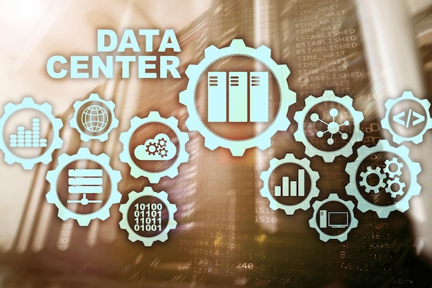 Centro de datos del futuro en una pantalla virtual Concepto de tecnología de la información empresarial Almacenamiento de datos y seguridad de la continuidad del negocio
