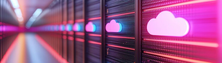 El centro de datos moderno con filas de servidores con luces LED vibrantes e íconos de nube que simbolizan la computación en la nube y la atmósfera de integración de IA es dinámica y futurista.