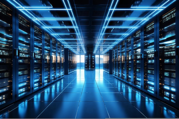 Centro de datos moderno visualmente cautivador con racks de servidores organizados que emiten un suave resplandor azul